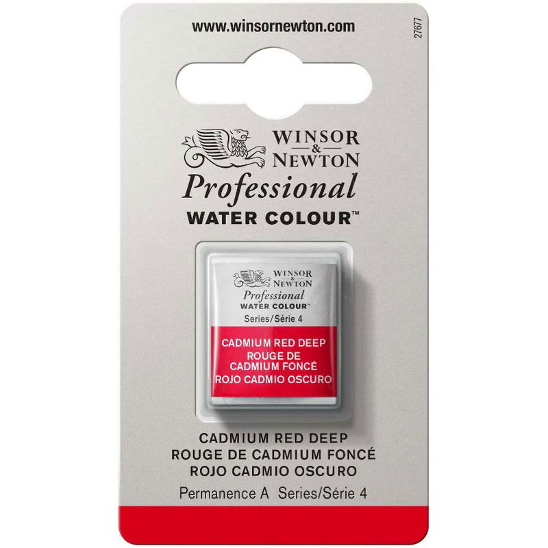 Förpackning med Winsor & Newton Professional akvarellfärg Cadmium Red Deep halvkopp