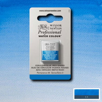 Winsor & Newton Professional Water Colour Cerulean Blue (Red Shade) i halvkopp som visas mot målad bakgrund i samma färg.