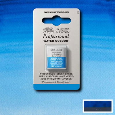 Winsor & Newton Professional Water Colour Winsor Blue (Green Shade) i halvkopp som visas mot målad bakgrund i samma färg.