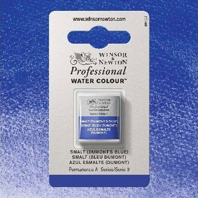Winsor & Newton Professional Water Colour Smalt (Dumont's Blue) i halvkopp som visas mot målad bakgrund i samma färg.