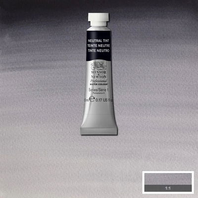 Winsor & Newton Professional Water Colour Neutral Tint i 5 ml tub som visas mot målad bakgrund i samma färg.