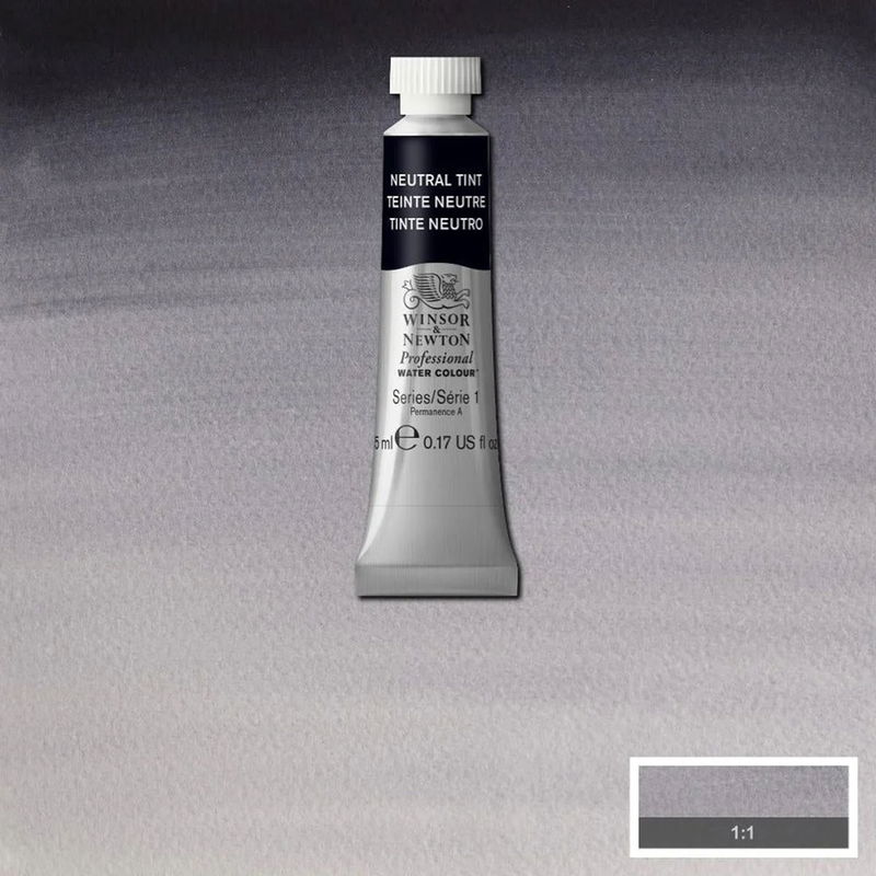 Winsor & Newton Professional Water Colour Neutral Tint i 5 ml tub som visas mot målad bakgrund i samma färg.