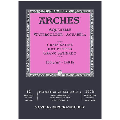 Hot Pressed A5 Arches akvarellblock, Slät gräng, Hot pressed. A5