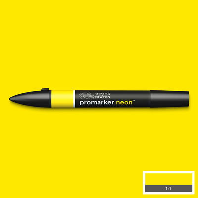 Winsor & Newton PromarkerNeon Neon Luminous Yellow NN YL marker med färgprov och bakgrund i samma ton