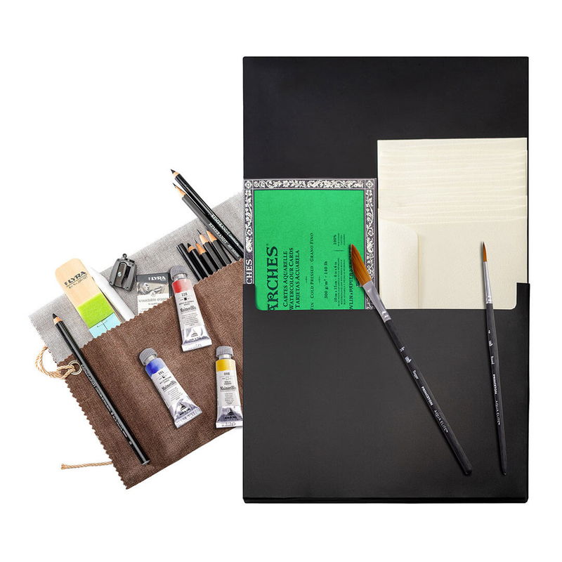ARCHES Correspondence Box öppnad med akvarellkort, kuvert och målarverktyg