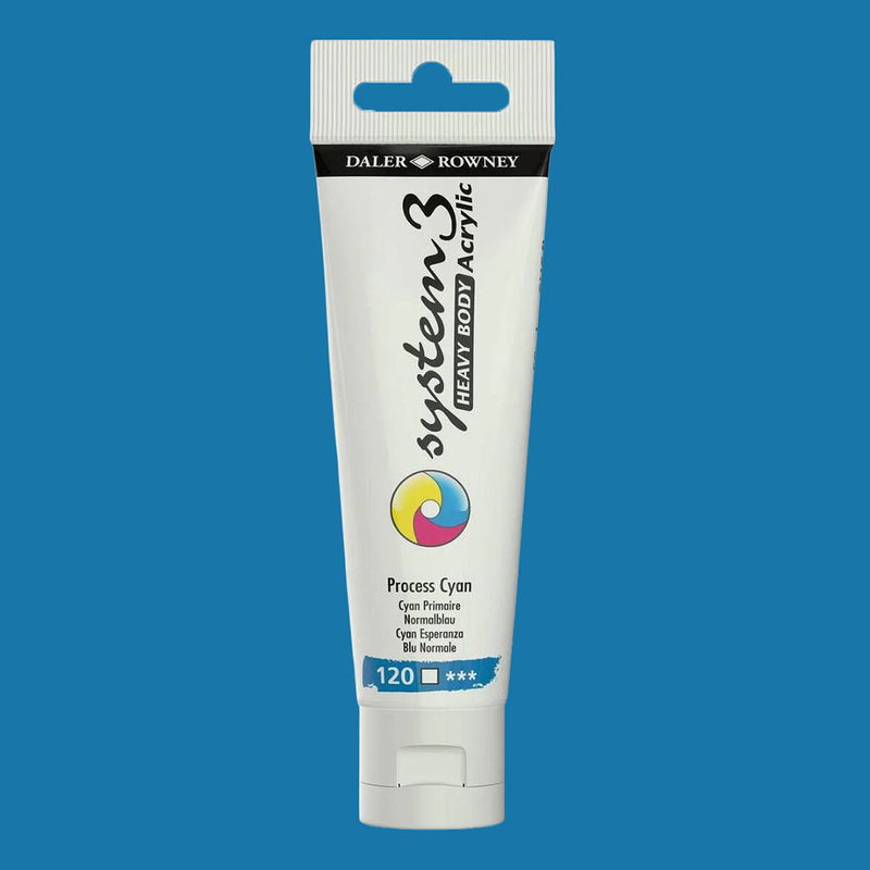 Akrylfärg i tub System3 Heavy Body Process Cyan 120 med färgprov