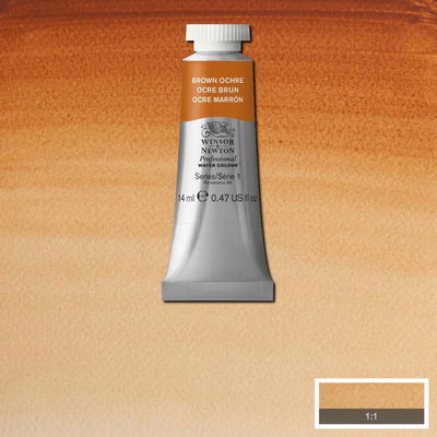 Winsor & Newton Professional Water Colour Brown Ochre i 5ml tub som visas mot målad bakgrund i samma färg. 14 ml