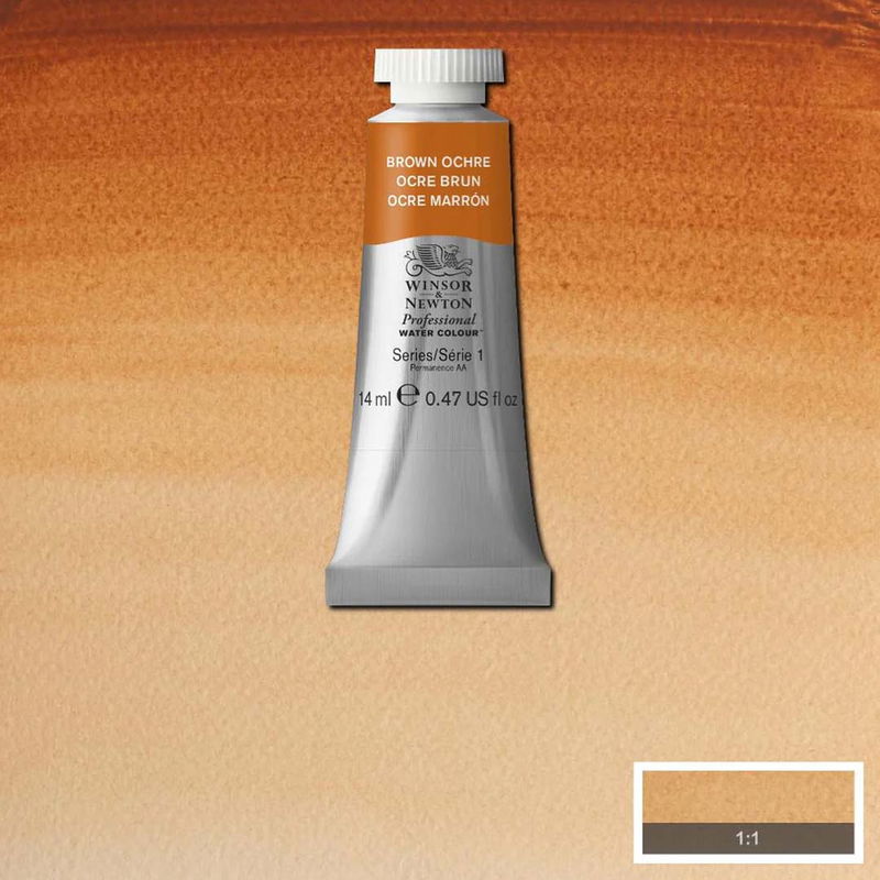 Winsor & Newton Professional Water Colour Brown Ochre i 5ml tub som visas mot målad bakgrund i samma färg. 14 ml