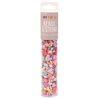 Playbox Beads & String förpackning med pastellpärlor, bokstäver och snöre