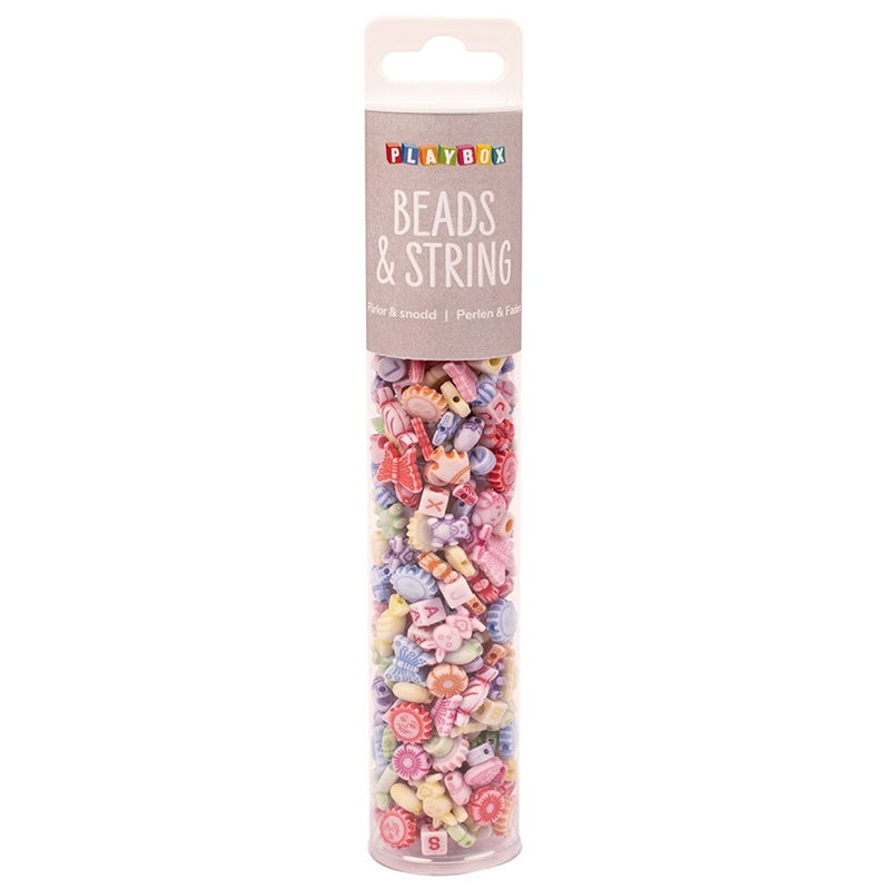 Playbox Beads & String förpackning med pastellpärlor, bokstäver och snöre
