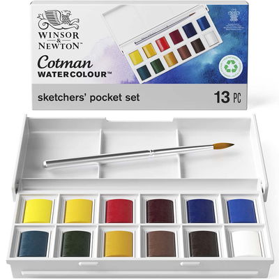 Set med 12 st. akvarellfärger samt pensel. Cotman Sketcher's Pocket Box