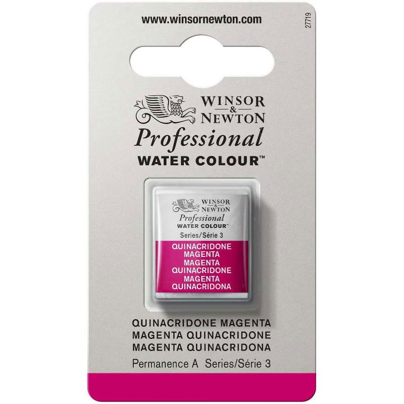 Förpackning med Winsor & Newton Professional akvarellfärg Quinacridone Magenta halvkopp