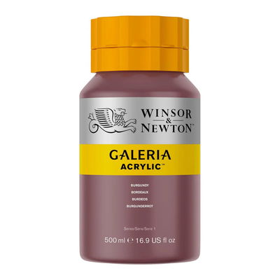 Winsor & Newton Galeria Akrylfärg, 500 ml flaska mot färgad bakgrund. Burgundy