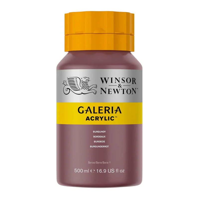 Winsor & Newton Galeria Akrylfärg, 500 ml flaska mot färgad bakgrund. Burgundy