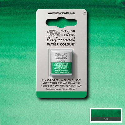 Winsor & Newton Professional Water Colour Winsor Green (Yellow Shade) i halvkopp som visas mot målad bakgrund i samma färg.