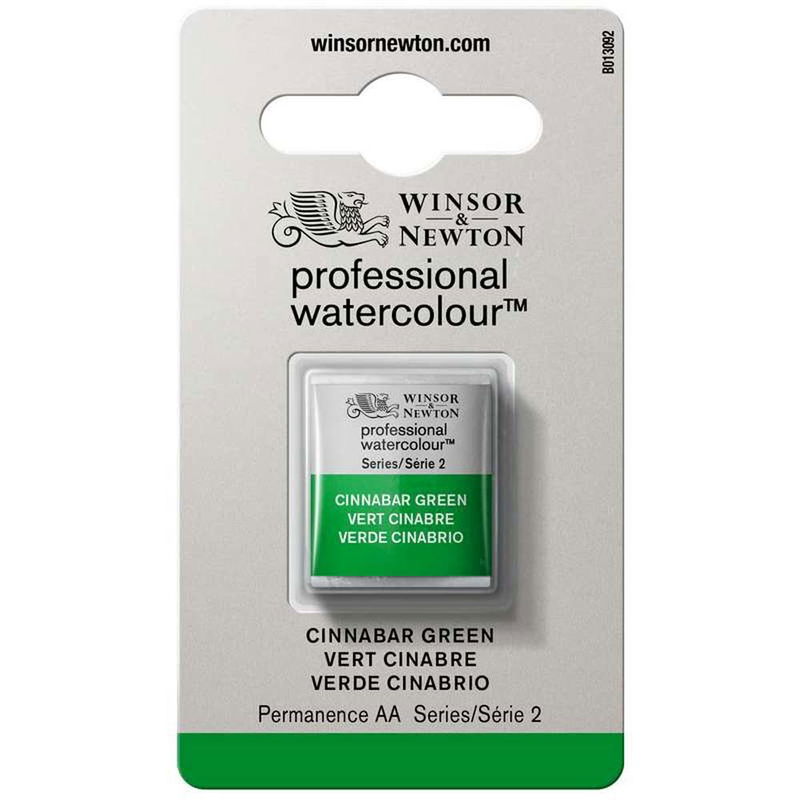 Förpackning med Winsor & Newton Professional akvarellfärg Cinnabar Green halvkopp