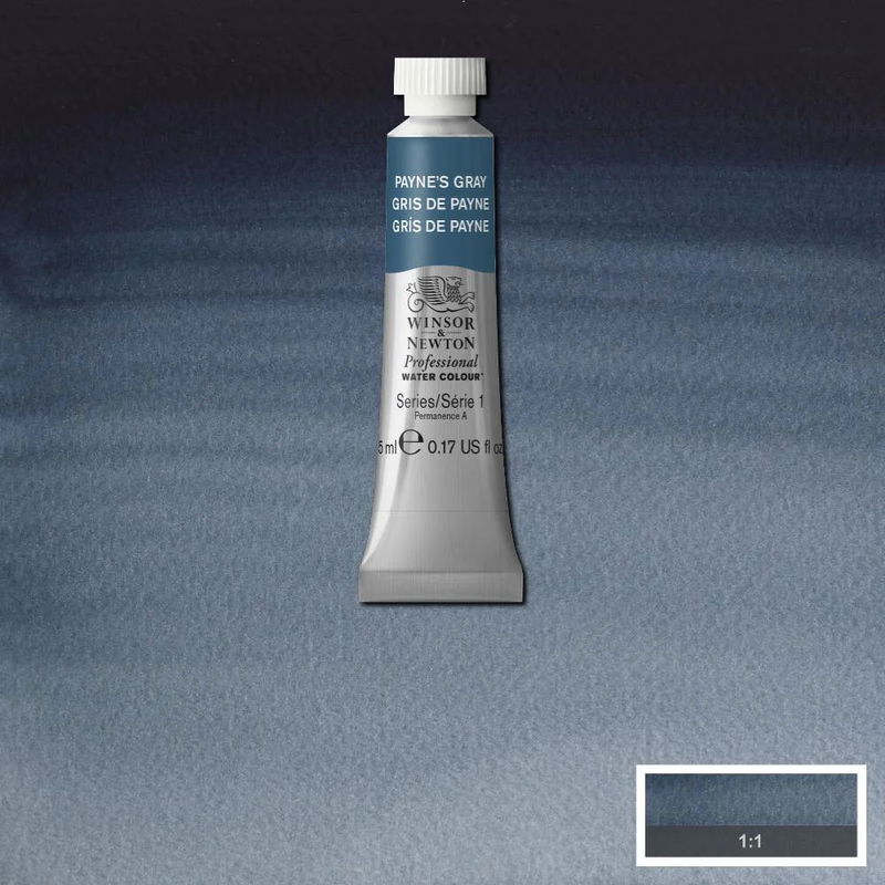 Winsor & Newton Professional Water Colour Payne's Gray i 5 ml tub som visas mot målad bakgrund i samma färg.