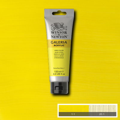 Winsor & Newton Galeria Akrylfärg, 120 ml tub mot färgad bakgrund. Lemon Yellow
