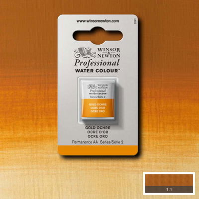 Winsor & Newton Professional Water Colour Gold Ochre i halvkopp som visas mot målad bakgrund i samma färg.