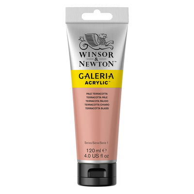 Winsor & Newton Galeria Akrylfärg, 120 ml tub mot färgad bakgrund. Pale Terracotta
