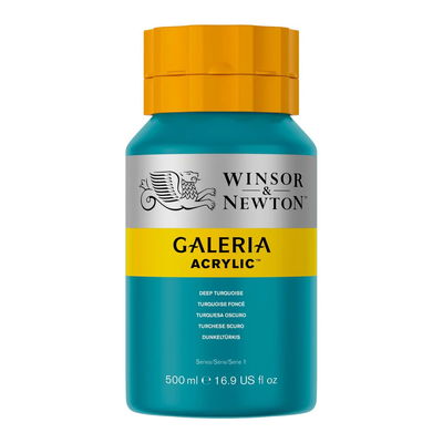 Winsor & Newton Galeria Akrylfärg, 500 ml flaska mot färgad bakgrund. Deep Turquoise