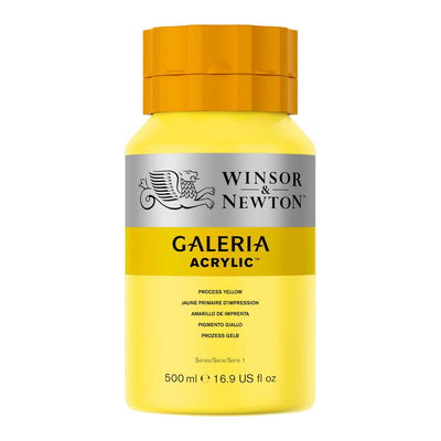 Winsor & Newton Galeria Akrylfärg, 500 ml flaska mot färgad bakgrund. Process Yellow