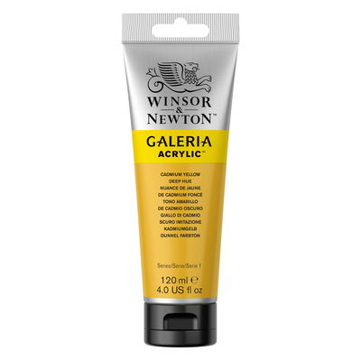 Tub med 120 ml akrylfärg. Winsor & Newton Galeria Cadmium Yellow Deep Hue