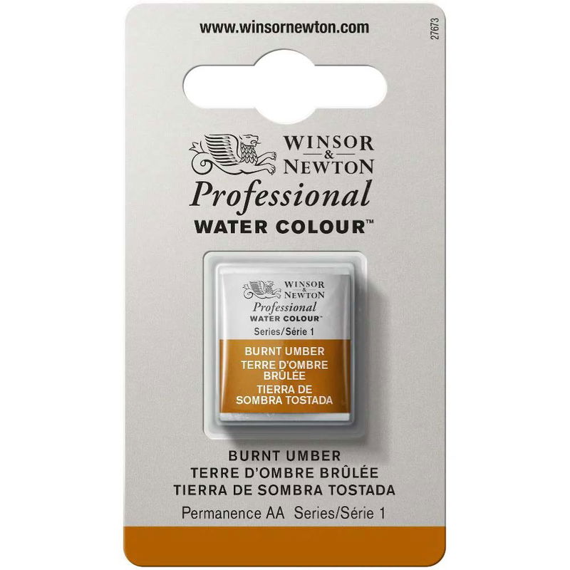 Förpackning med Winsor & Newton Professional akvarellfärg Burnt Umber halvkopp
