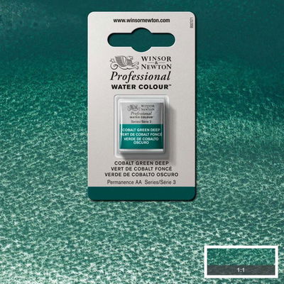 Färgprov och förpackning, Cobalt Green Deep halvkopp Winsor & Newton Professional Water Colour Cobalt Green Deep i halvkopp som visas mot målad bakgrund i samma färg.
