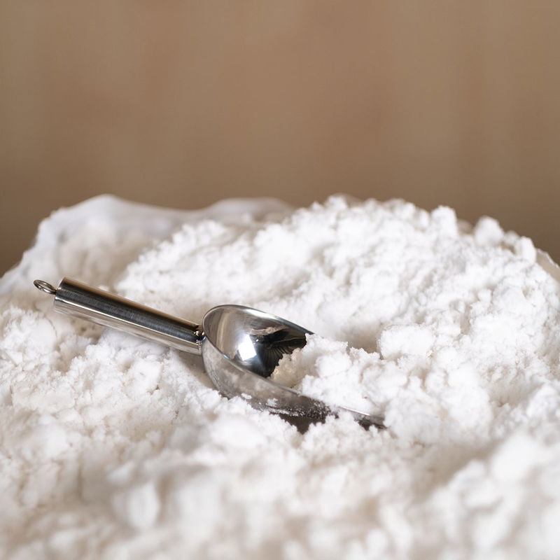 Alun i pulverform med metallskopa