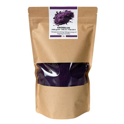 Kromalun i förpackning, 1000 gram. Till garvning av läder, färgning av textilier och mer