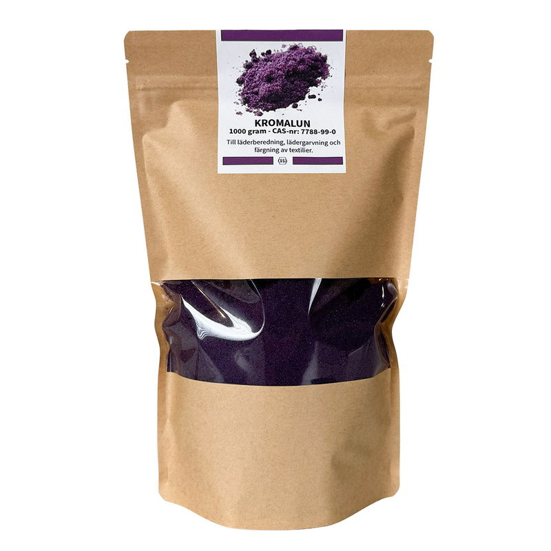 Kromalun i förpackning, 1000 gram. Till garvning av läder, färgning av textilier och mer