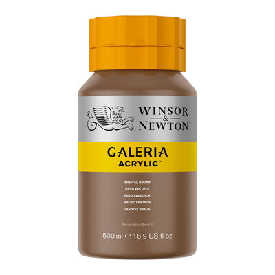 Winsor & Newton Galeria Akrylfärg, 500 ml flaska mot färgad bakgrund. Vandyke Brown