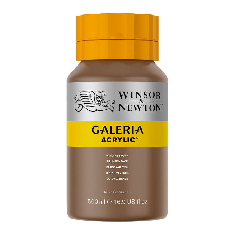 Winsor & Newton Galeria Akrylfärg, 500 ml flaska mot färgad bakgrund. Vandyke Brown