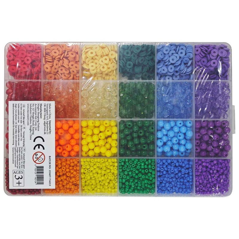 Baksida av pärlset mix 3-6 mm med glaspärlor, plastpärlor, facetterade pärlor och Heishi