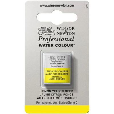 Förpackning med Winsor & Newton Professional akvarellfärg Lemon Yellow Deep halvkopp