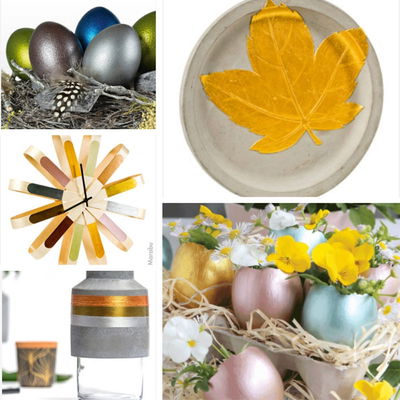 Samling med olika inspirationsbilder med metallicfärgen Marabu Colorado Gold