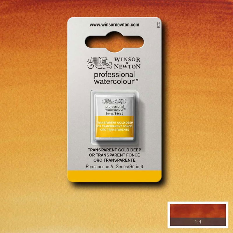 Winsor & Newton Professional Water Colour Transparent Gold Deep i halvkopp som visas mot målad bakgrund i samma färg.