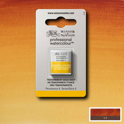 Färgprov och förpackning, Transparent Gold Deep halvkopp Winsor & Newton Professional Water Colour Transparent Gold Deep i halvkopp som visas mot målad bakgrund i samma färg.
