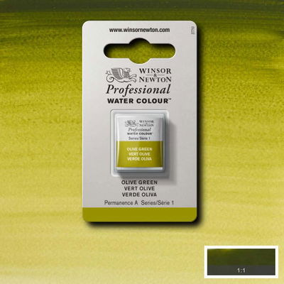 Winsor & Newton Professional Water Colour Olive Green i halvkopp som visas mot målad bakgrund i samma färg.