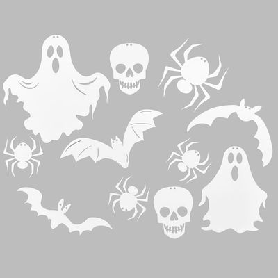 Halloween figurer i kartong, spöken, dödskallar, fladdermöss och spindlar