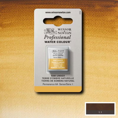 Winsor & Newton Professional Water Colour Raw Umber i halvkopp som visas mot målad bakgrund i samma färg.