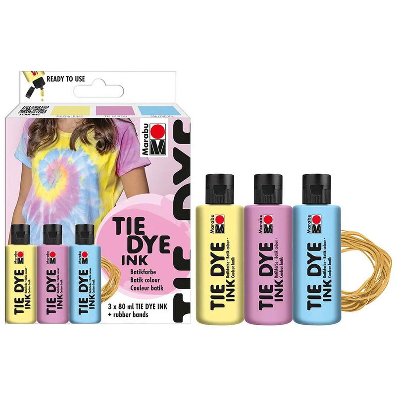 Marabu Tie Dye Ink Set Pastel med tre flaskor à 80 ml i gul, rosa och blå samt gummiband