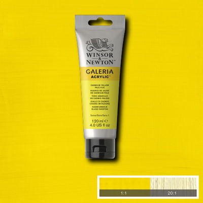 Winsor & Newton Galeria Akrylfärg, 120 ml tub mot färgad bakgrund. Cadmium Yellow Pale Hue