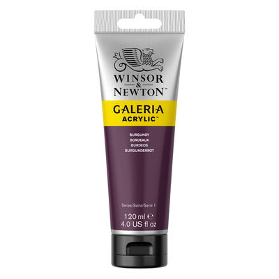 Winsor & Newton Galeria Akrylfärg, 120 ml tub mot färgad bakgrund. Burgundy