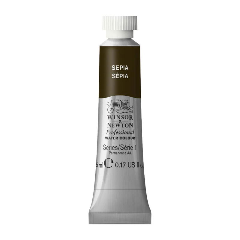 Förpackning med Winsor & Newton Professional akvarellfärg Sepia 5 ml tub