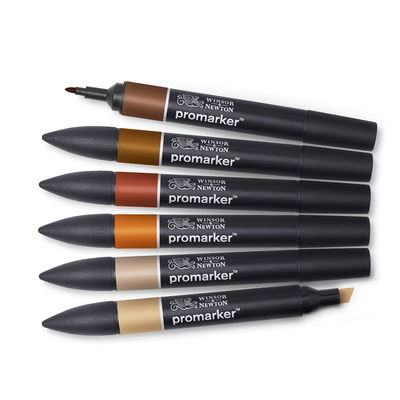 Winsor & Newton Promarker Skin Tones 2 – sex pennor i hudtoner liggande på rad