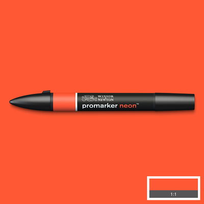 Winsor & Newton Promarker Neon Spark Red NN RD marker med färgprov och bakgrund i samma ton