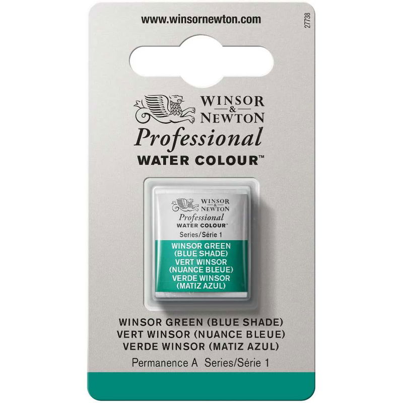 Förpackning med Winsor & Newton Professional akvarellfärg Winsor Green (Blue Shade) halvkopp