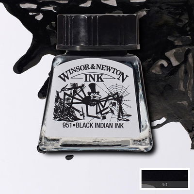 Winsor & Newton Black Indian Ink 14 ml på målat papper